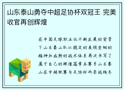 山东泰山勇夺中超足协杯双冠王 完美收官再创辉煌